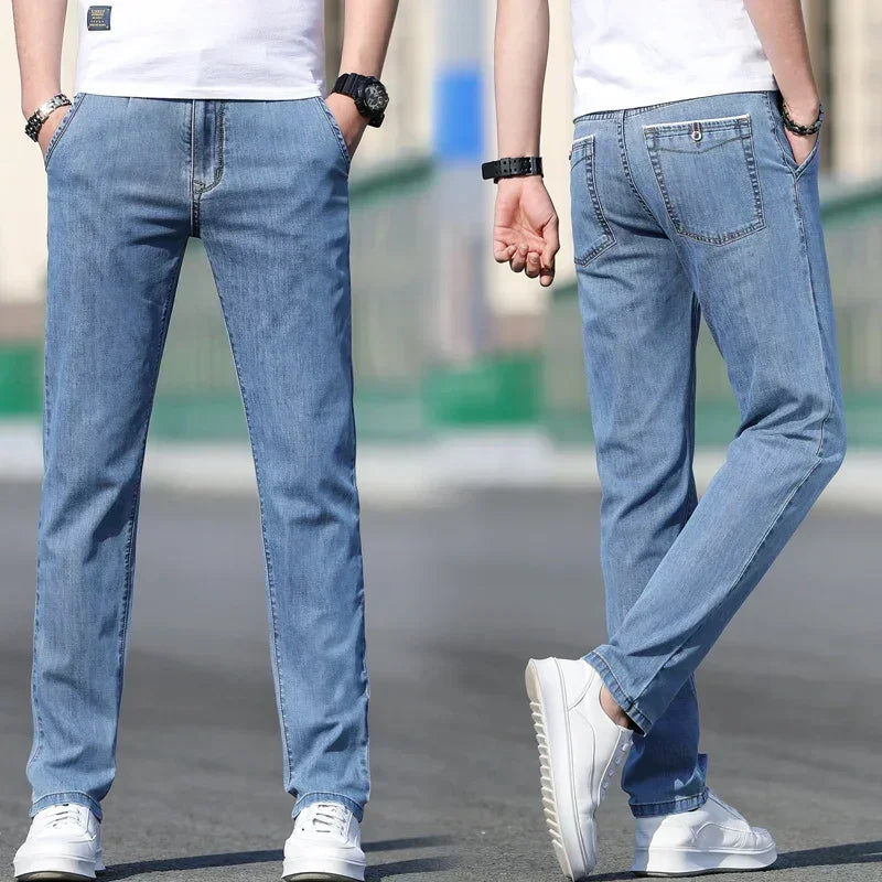 2025 Summer New Men's Loose Gray Jeans Fashion Casual Stretch Straight-leg Denim Pants Male Light Blue Men's Trousers ATFH