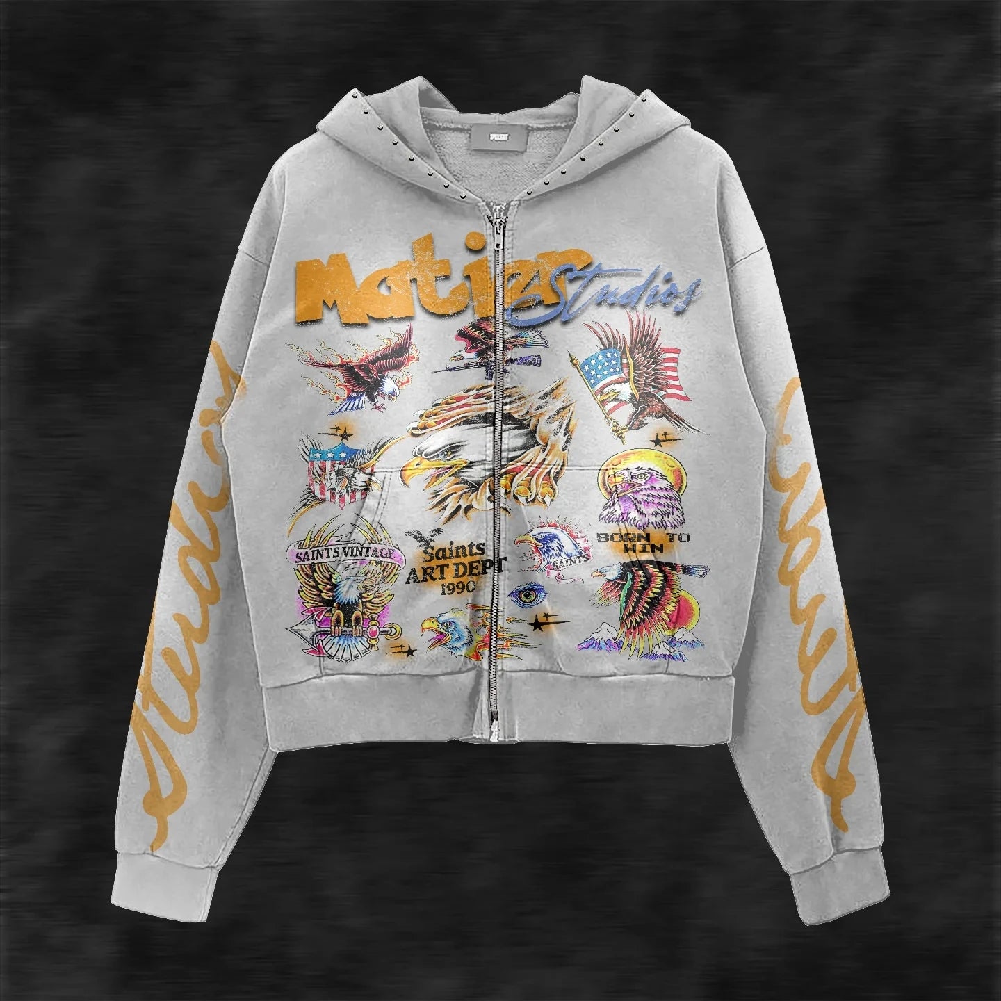 Y2K Style Hoodie with Pearl Details, Gothic Letter Print Zip-Up Hooded Sweatshirt - ATFH