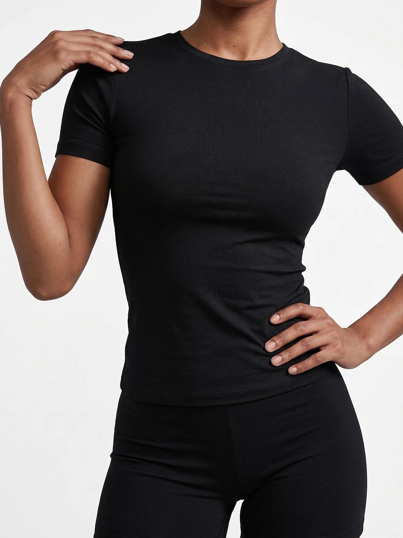 Women's Casual Solid Color Black and White Short-Sleeve T-Shirt Top - ATFH