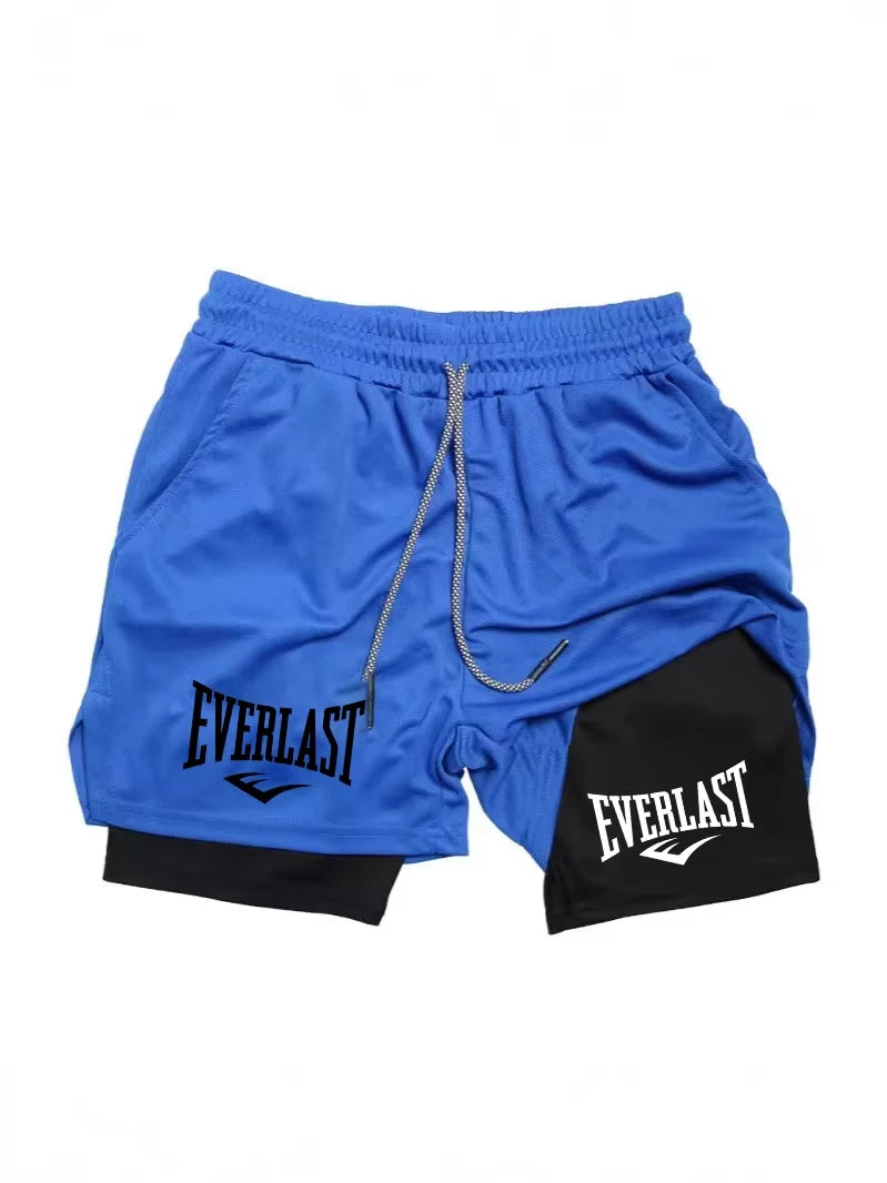 Men's Compression Sports Shorts Everlast Printed Sports Pants Double-Layer Quick-Dry Basketball Beach Muscle Fitness Pocket Towe