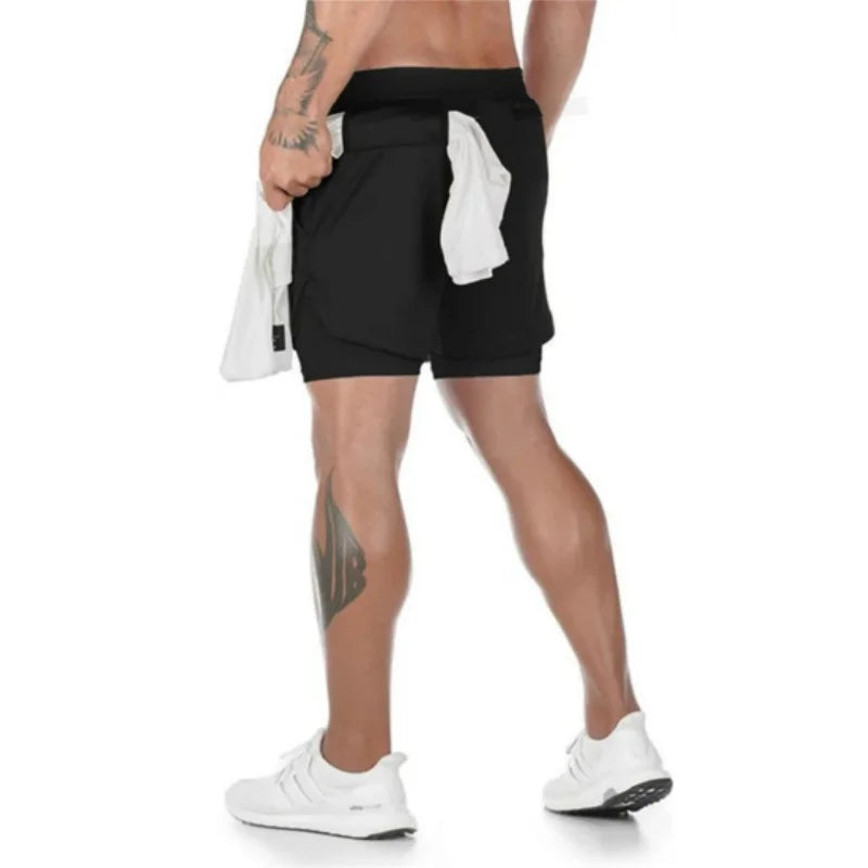 Men's 2-in-1 Shorts Training Fitness Phone Pocket Breathable Quick-Dry Summer Men Shorts Abstract Print