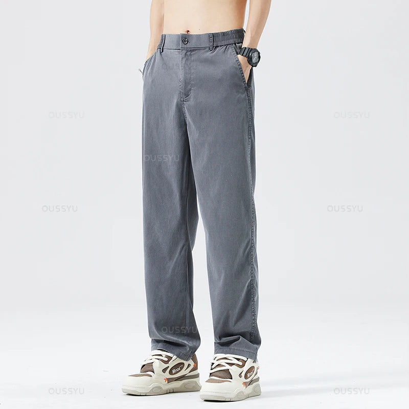 Summer Ultrathin Soft Lyocell Fabric Men's Jeans Breathe Loose Straight Pants Elastic Waist Korea Casual Trouser Plus Size M-5XL ATFH