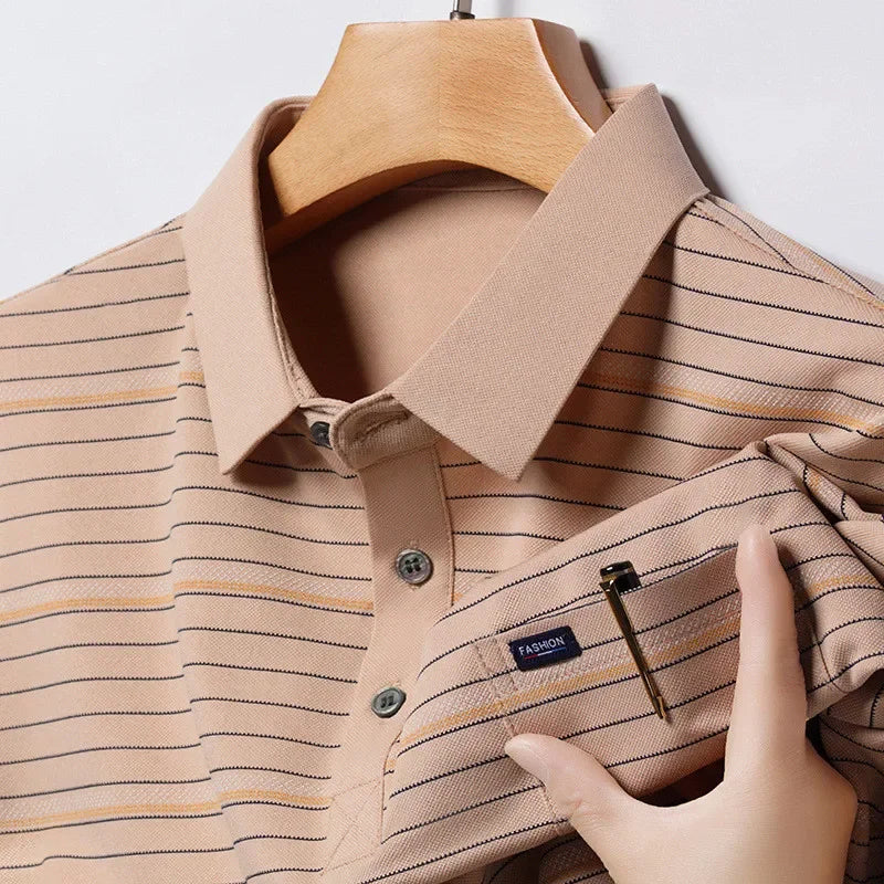 Summer Short Sleeve Men's Polo Shirt Striped Casual Chest Pocket Design Man Polos T-shirt Business Golf Clothing Top Quality
