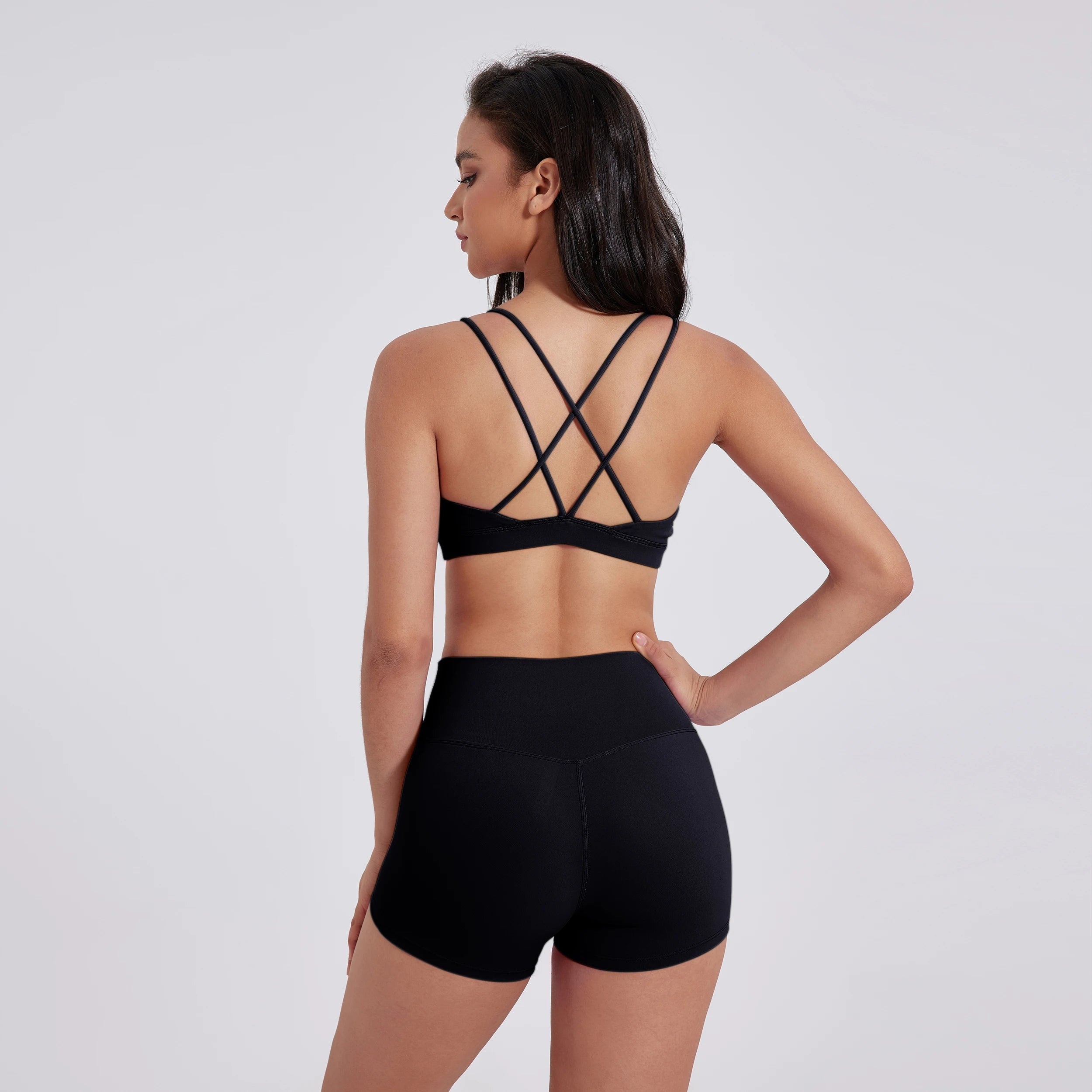 Yoga Shorts Set Gym Sports Set Women Workout Outfit Fitness Suit Cross Straps Bra High Waist Shorts Running Tracksuit - ATFH