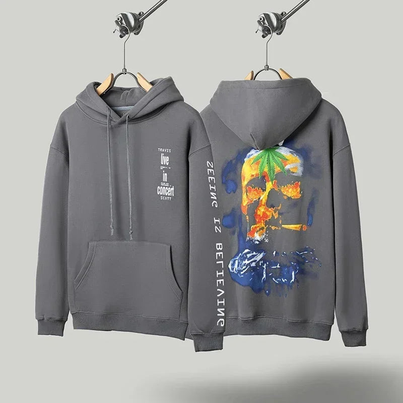 American Street Winter Cactus Jack Hoodie Letter Print Hooded Sweatshirts Casual Loose Fleece Hoodys Men Women Tops - ATFH