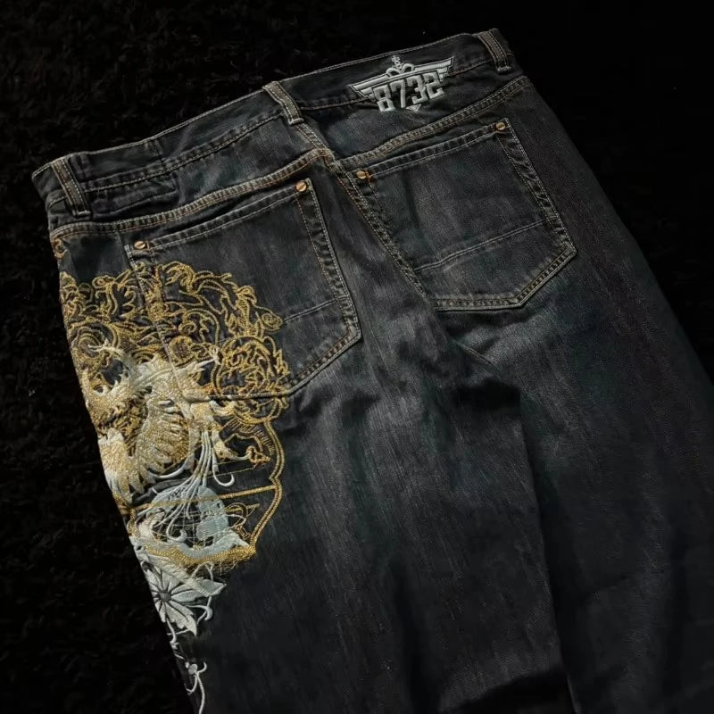 Harajuku Patchwork Cherry Blossom Embroidery Denim Pants Y2K Vintage Women Baggy Straight Wide Leg Jeans Street Men Clothes ATFH