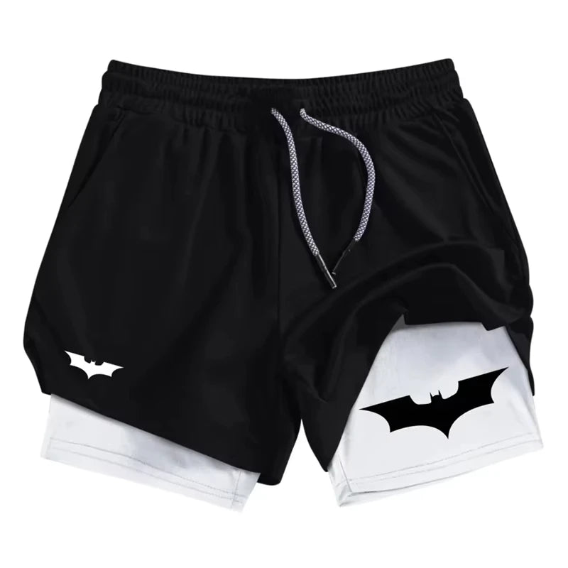 Men's Bat Print 2-in-1 Performance Shorts, Breathable Quick Drying Sports Shorts with Phone Pocket, Gym, Training, Running,