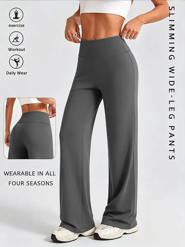 Solid Color Straight Wide Leg Pants Womens Mid Waist Yoga Leggings Fitness Tights Naked Feeling Pilates Running Sports Trousers