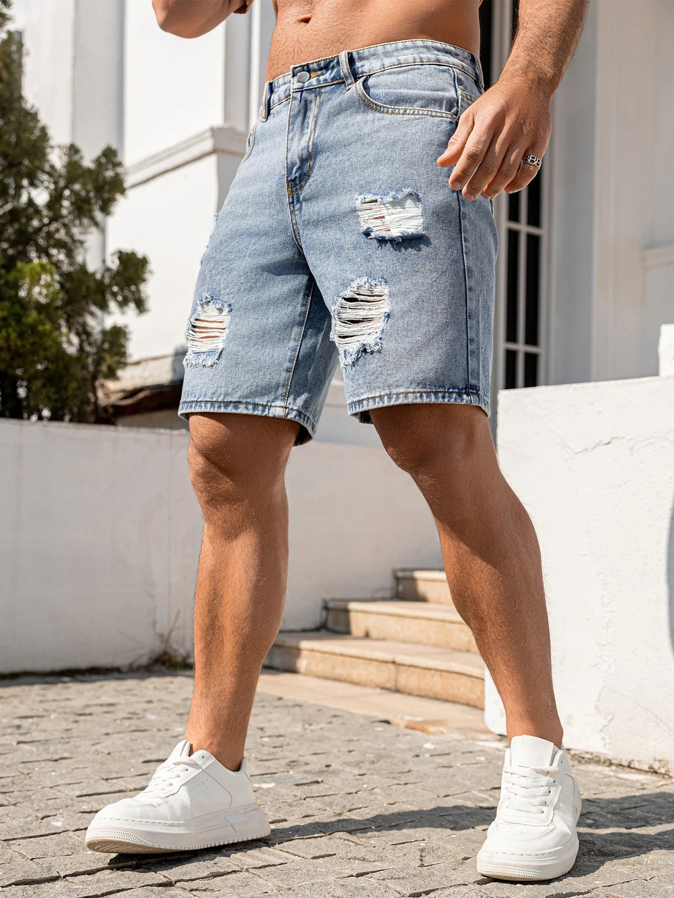 2026 Men's Summer Loose Fit Blue Distressed Denim Shorts All Occasion Wear Casual/Party/Vacation Versatile Trendy Men's Pants Ripped Jeans Size XS-XL ATFH