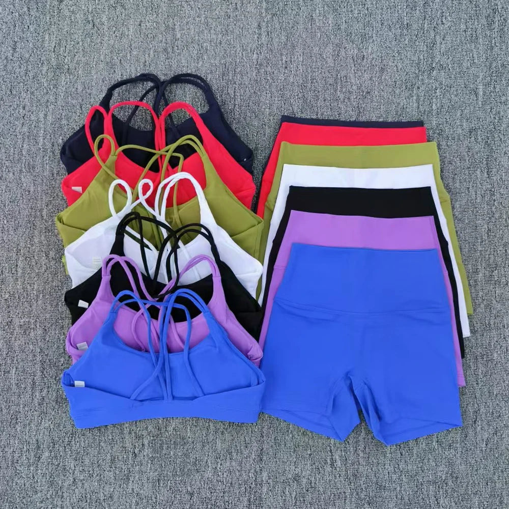 Yoga Shorts Set Gym Sports Set Women Workout Outfit Fitness Suit Cross Straps Bra High Waist Shorts Running Tracksuit - ATFH