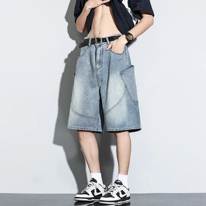 Summer New Baggy Denim Shorts Fashion Casual Straight Harajuku Jeans Male Vintage Wash Drawstring Short Pants Streetwear ATFH