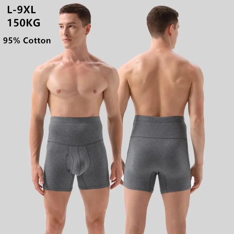High Waist Cotton Boxers Men Abdominal 150KG Sports Bodyshape Panties Plus Size 9XL 8XL Underpants Warm Belly Protection Shorts