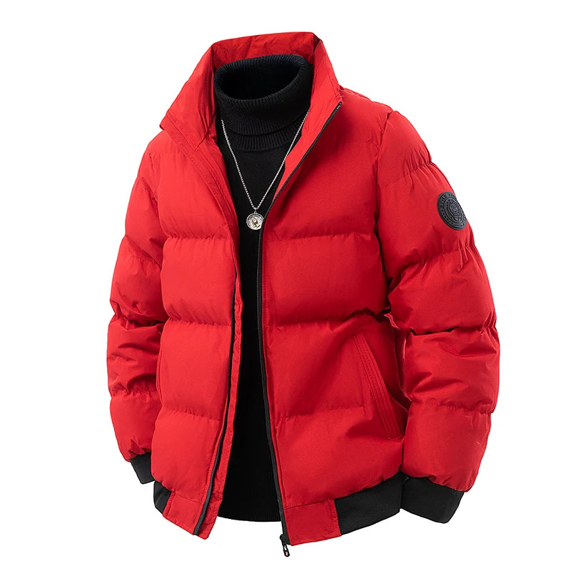 Winter Men's Stand Up Collar Zipper Parkas Thick Cotton Coats Solid Color Street Fashion Style Business Casual Jacket Plus Size