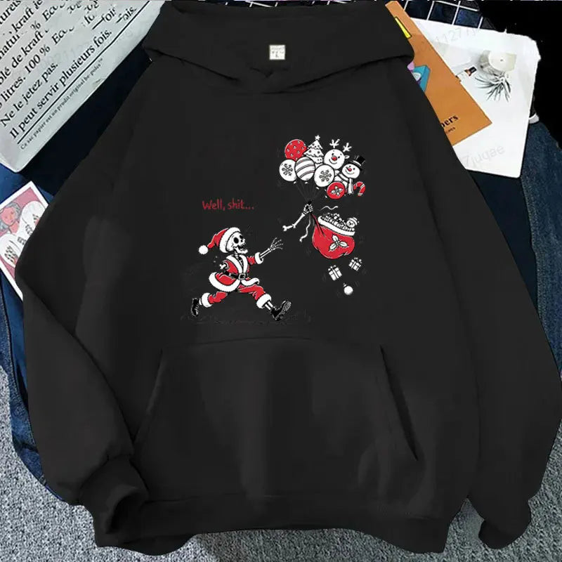 Men Women Funny Skeleton Santa Claus Hoodie Well Shit Graphic Hooded Sweatshirt Streetwear Punk Gothic Christmas Pullover Hoodie