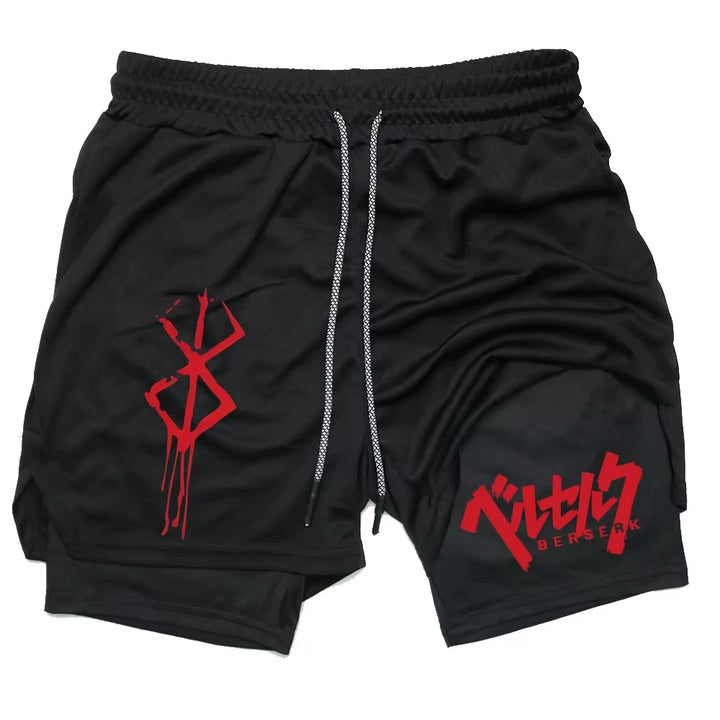 ‌Anime Berserk 2 in 1 Compression Shorts for Men - Running, Training, Yoga Gym Workout Sportswear with Pockets