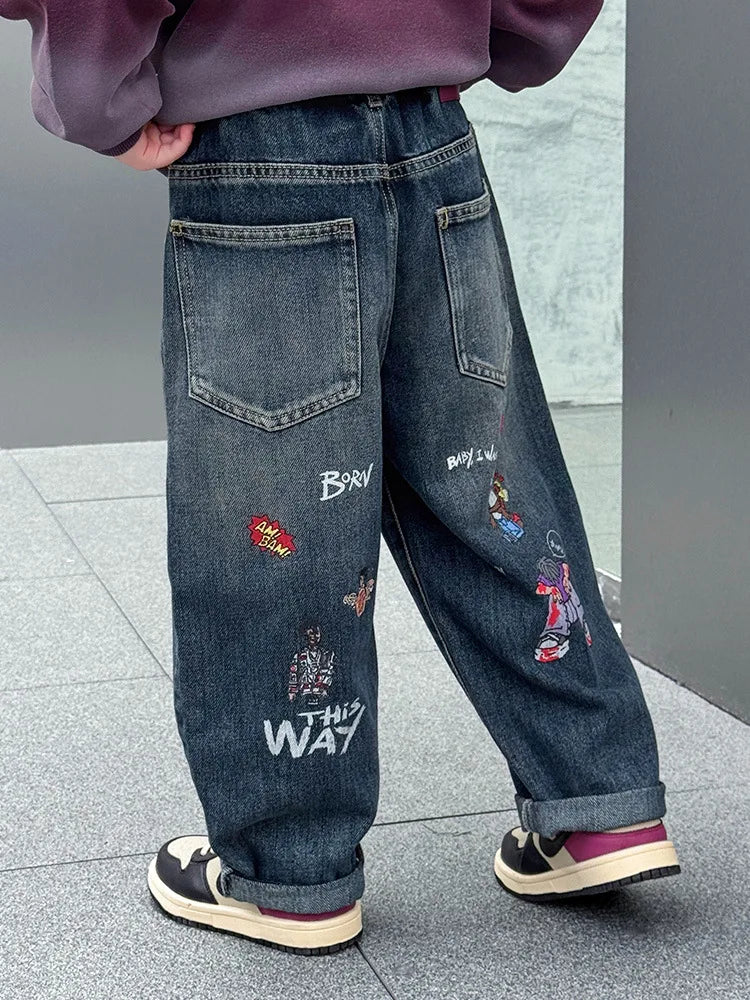 Boys Fashion Jeans Spring Autumn New Cartoon Denim Pants Straight Leg Trousers Trendy Children's Clothing Baby Boys  ﻿ ATFH