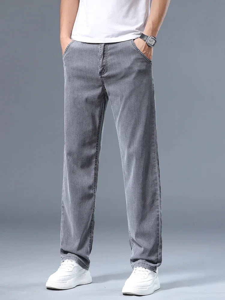 Summer Thin Men's Loose Straight Jeans Lyocell Soft Drape Business Casual Trousers Classic Smoke Gray Brand Ice Silk Pants ATFH