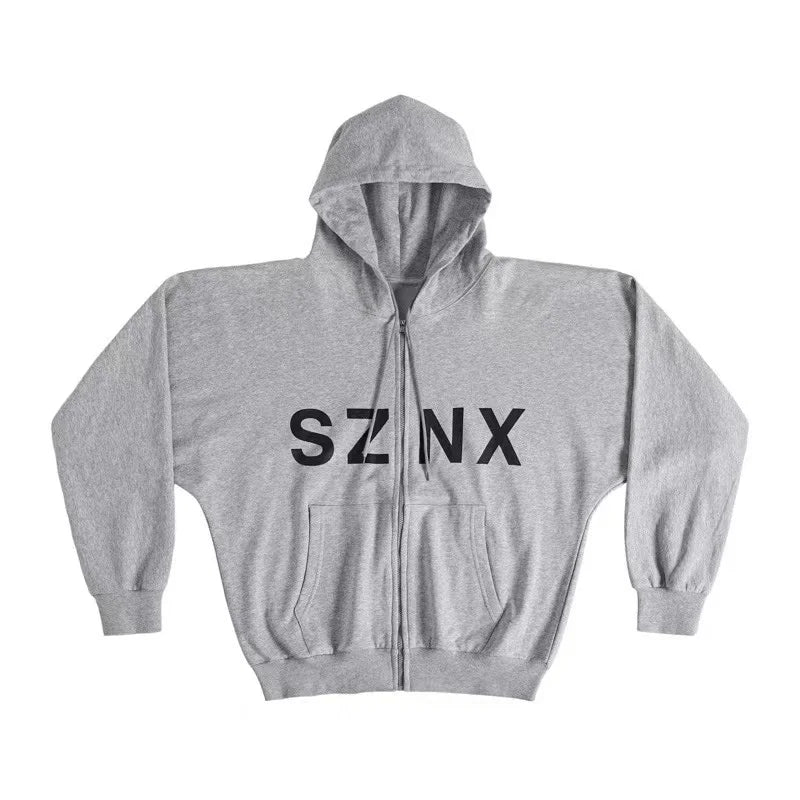 Integrated Cutting Oversized Kanye West Vultures Zipper Hoodie Men Women Simple Letters Print Gray Coats Best Quality Cotton - ATFH