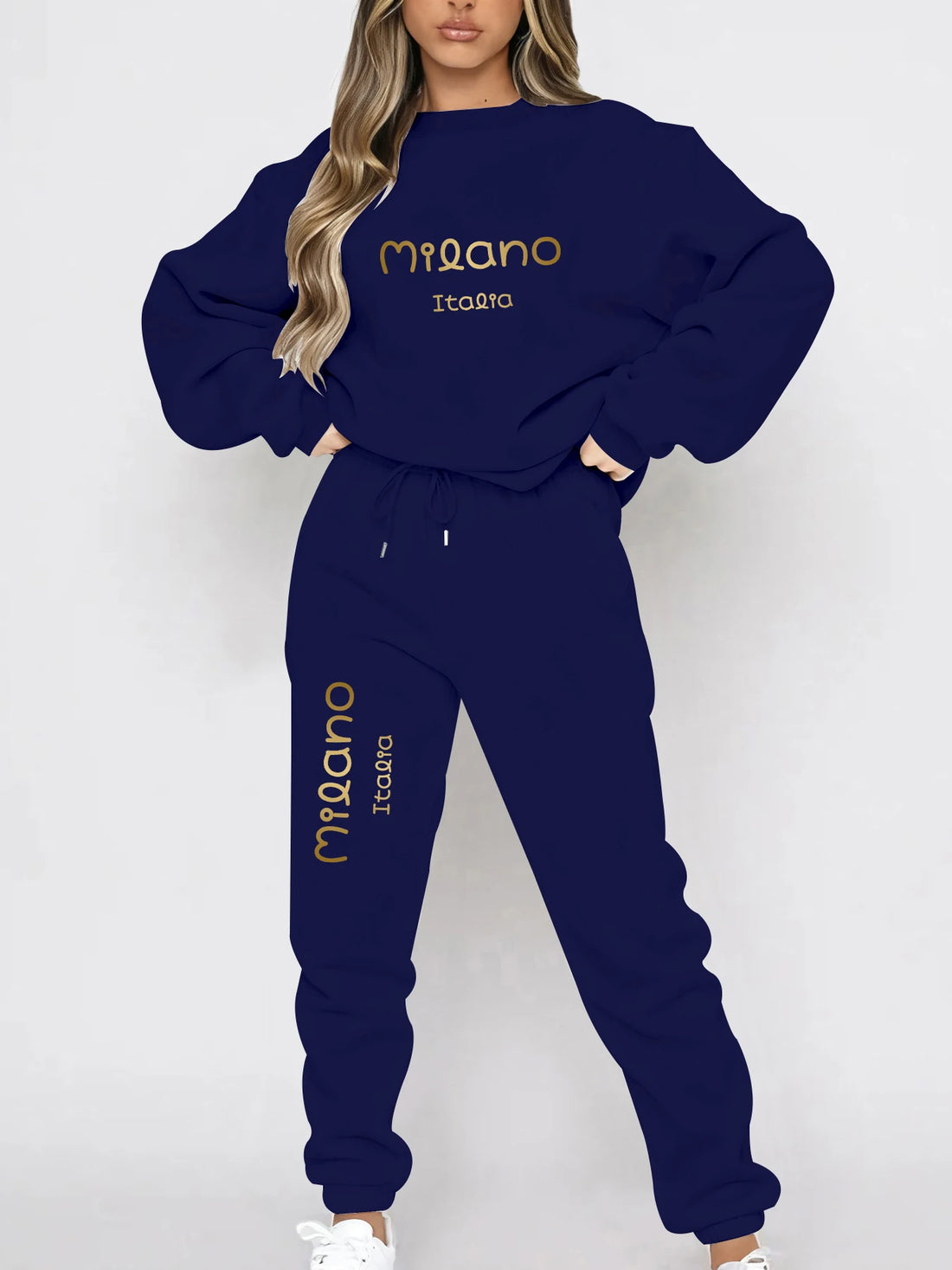 Autumn and Winter Essential Fleece-Lined Thickened Crewneck Sweatshirt Set, European and American Trendy Couple's Sweatshirt and Sweatpants Two-Piece Set, Women's Loose Oversize Sweatshirt + Long Pants, Long-Sleeve Regular Fi