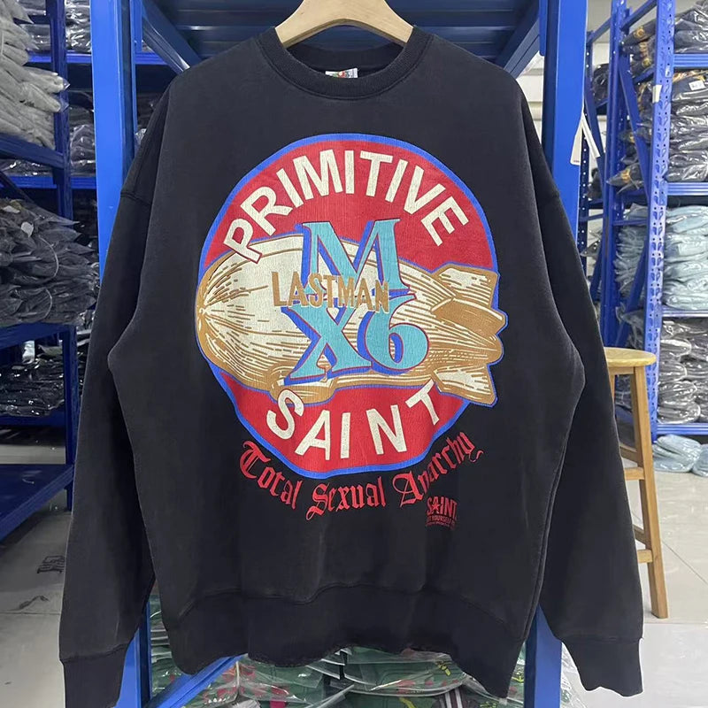 Simple Classic Letters Logo Print Orange Saint Hoodie Hooded Men Women Streetwear Vintage Washed Damaged Hole Pullovers - ATFH
