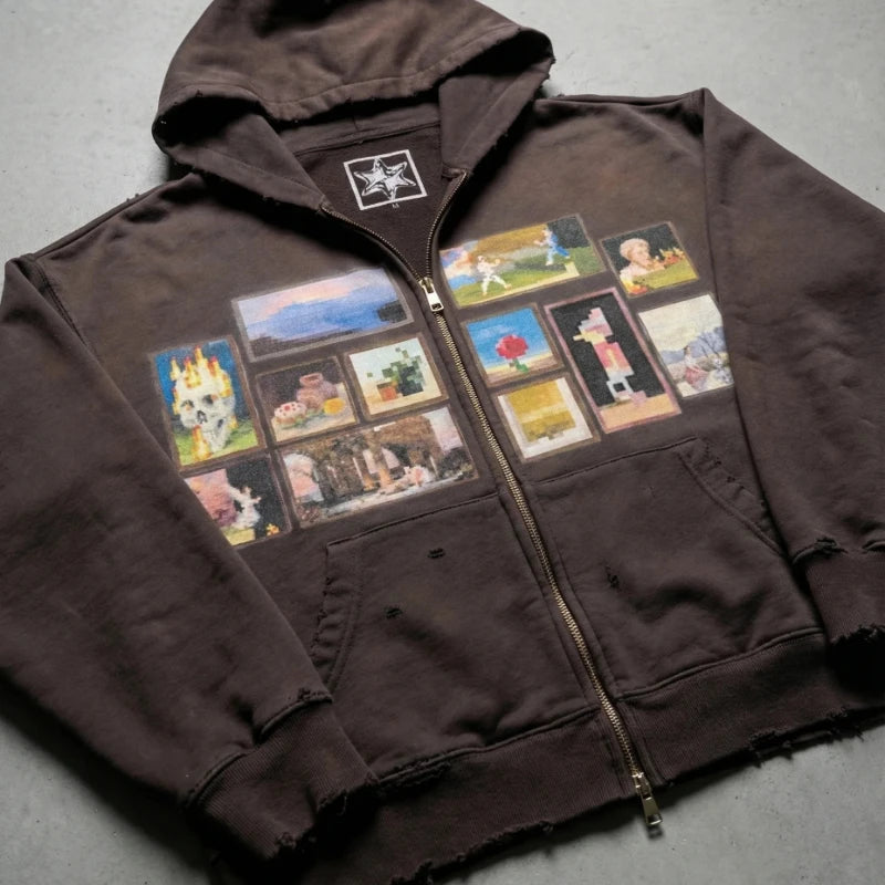 Y2K Retro Gallery Hoodie Brown Pixel Painting Art Pattern Zip Up Sweatshirt Trendy Classic Streetwear Unisex Oversize Clothing - ATFH