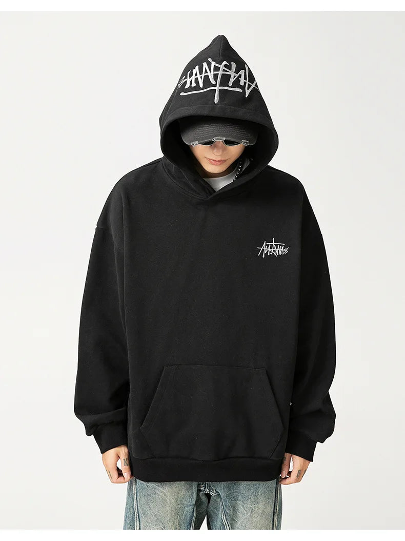 400G Heavy Thick Letter Embroidered Hoodies for Men's Autumn Winter Style American Trendy Couple Loose Hoodie Coat - ATFH