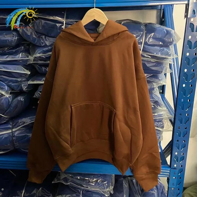 Autumn Winter High Street Oversized Kanye West Hoodie Men Women 1:1 Solid Color Black Brown Red Blue Pullover Streetwear Hooded - ATFH