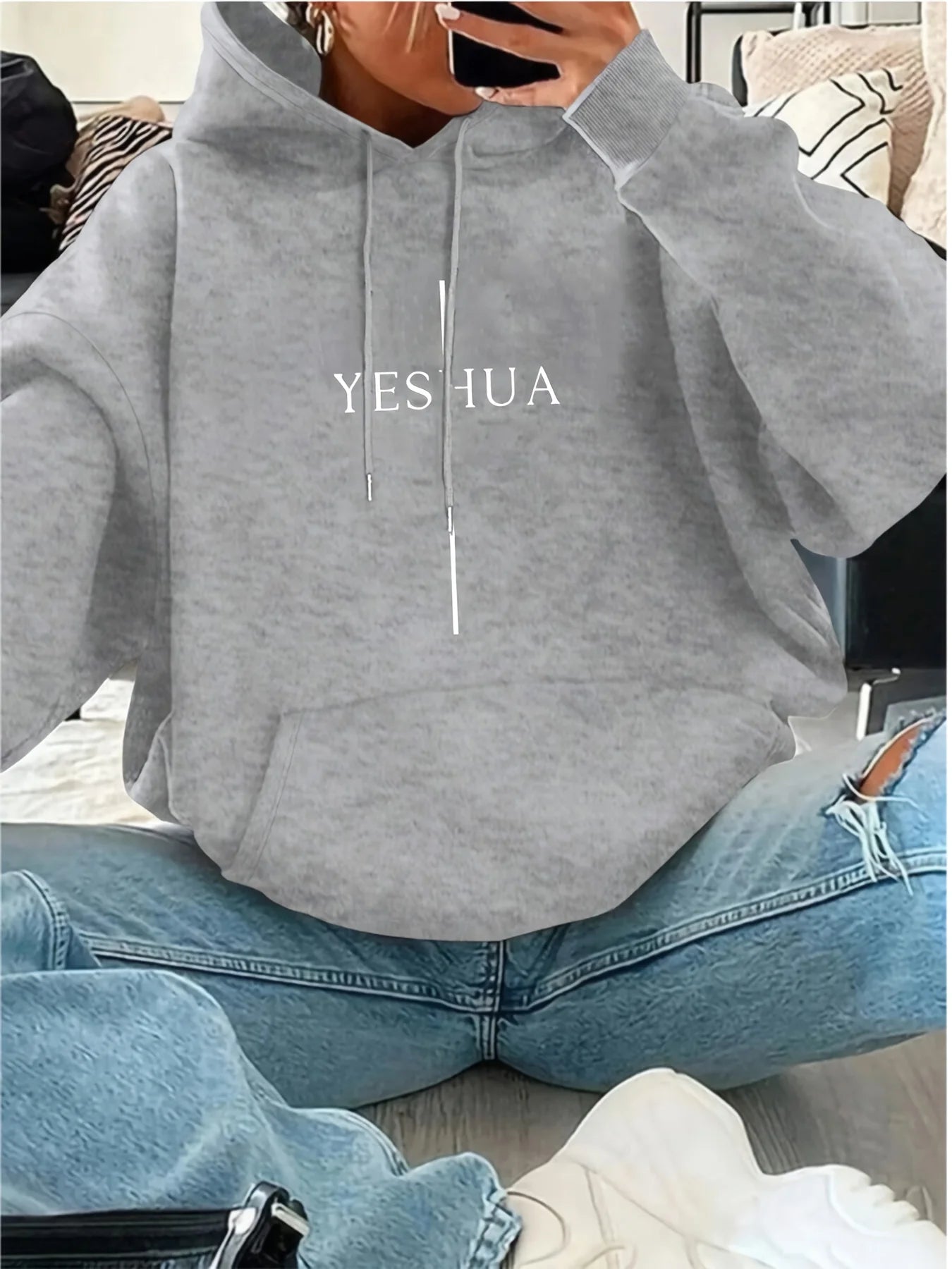 Women YESHUA Letter Print Hoodie Loose Casual Long Sleeve Hooded Sweatshirt Ladies Fashion Pullover Streetwear Tops