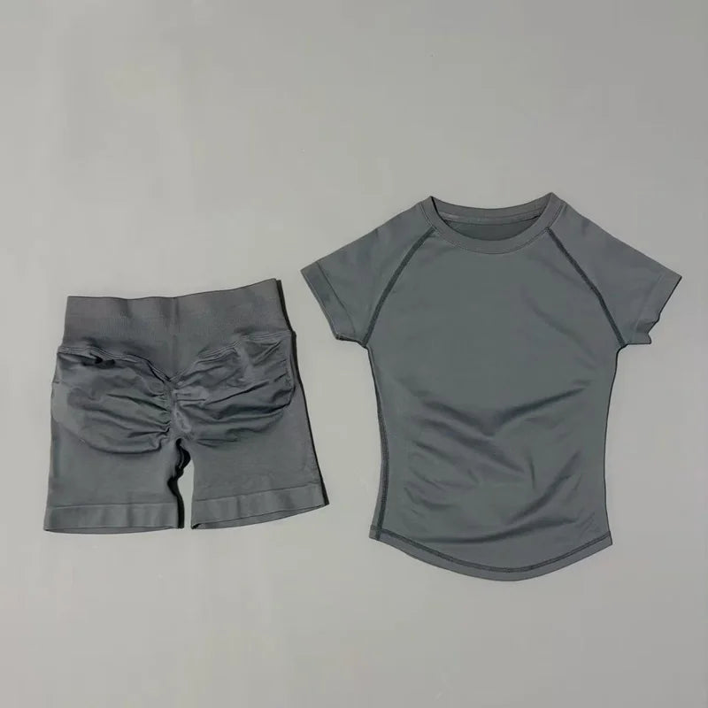 2 Piece Sports Set Women Gym Yoga Set Seamless Fitness Gym Clothes Sportswear Short Sleeve Top Sports Short Leggings Suit - ATFH