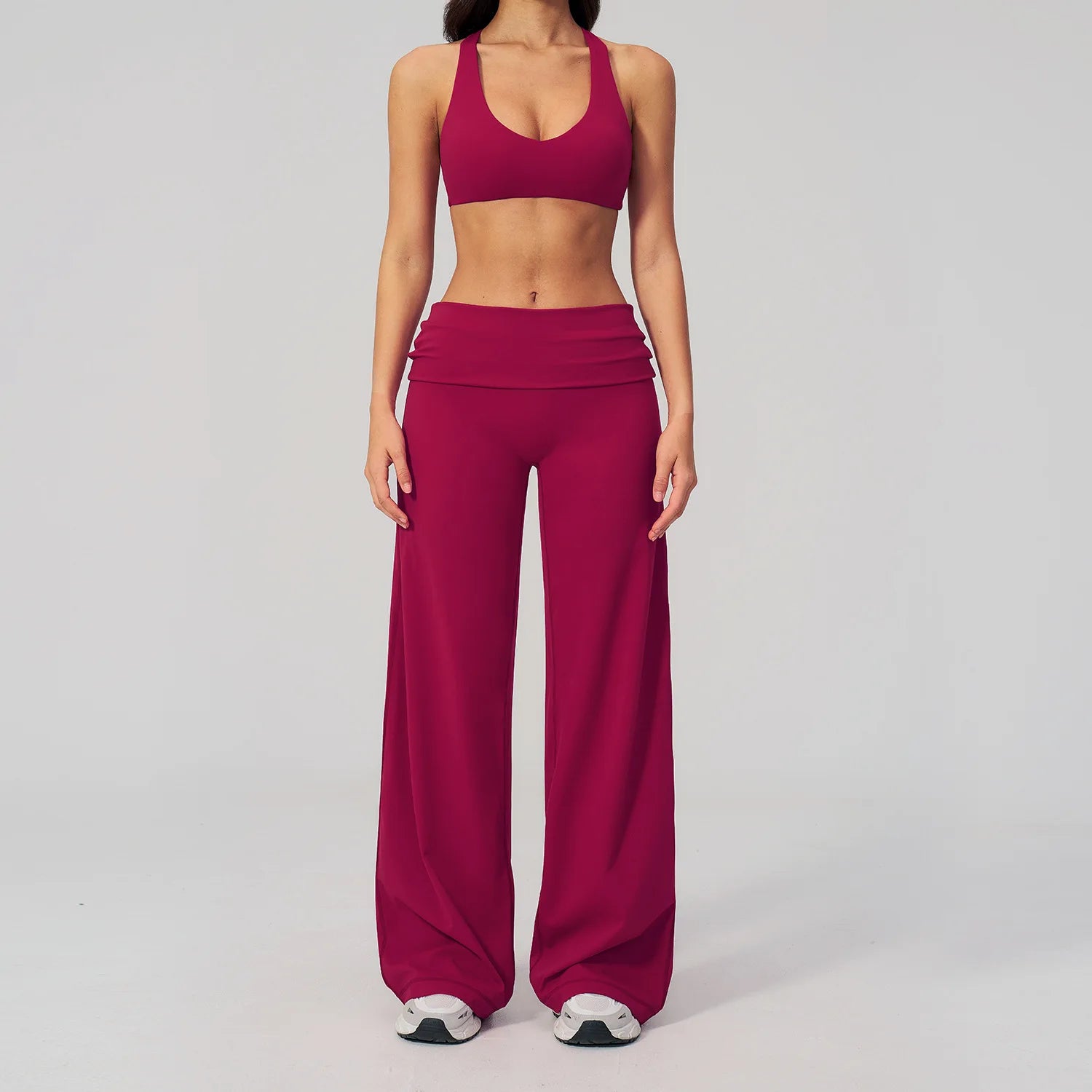 2PCS Fitness Suit Gym Tracksuits Deep V Yoga Bra Athletic Wear Female High Waist Workout Flared Pants Sports Set Yoga Clothes