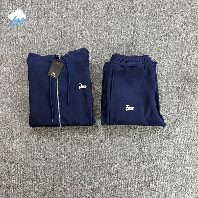 High Quality Cotton Men Women Couple Blue Black Gray Zipper Coats Hooded Simple Small Letters Logo Print PATTA Zip Hoodie Tag - ATFH