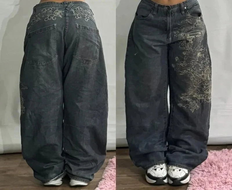 Harajuku Patchwork Cherry Blossom Embroidery Denim Pants Y2K Vintage Women Baggy Straight Wide Leg Jeans Street Men Clothes ATFH