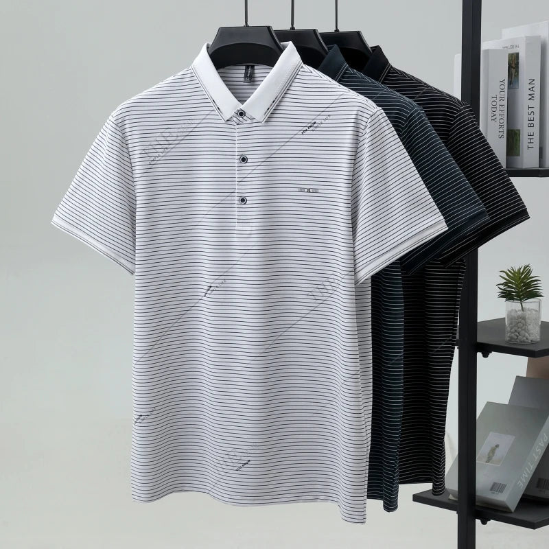 Light luxury stripe short sleeve men polo shirt summer trend brand letter embossed high-quality silky cotton breathable T-shirt