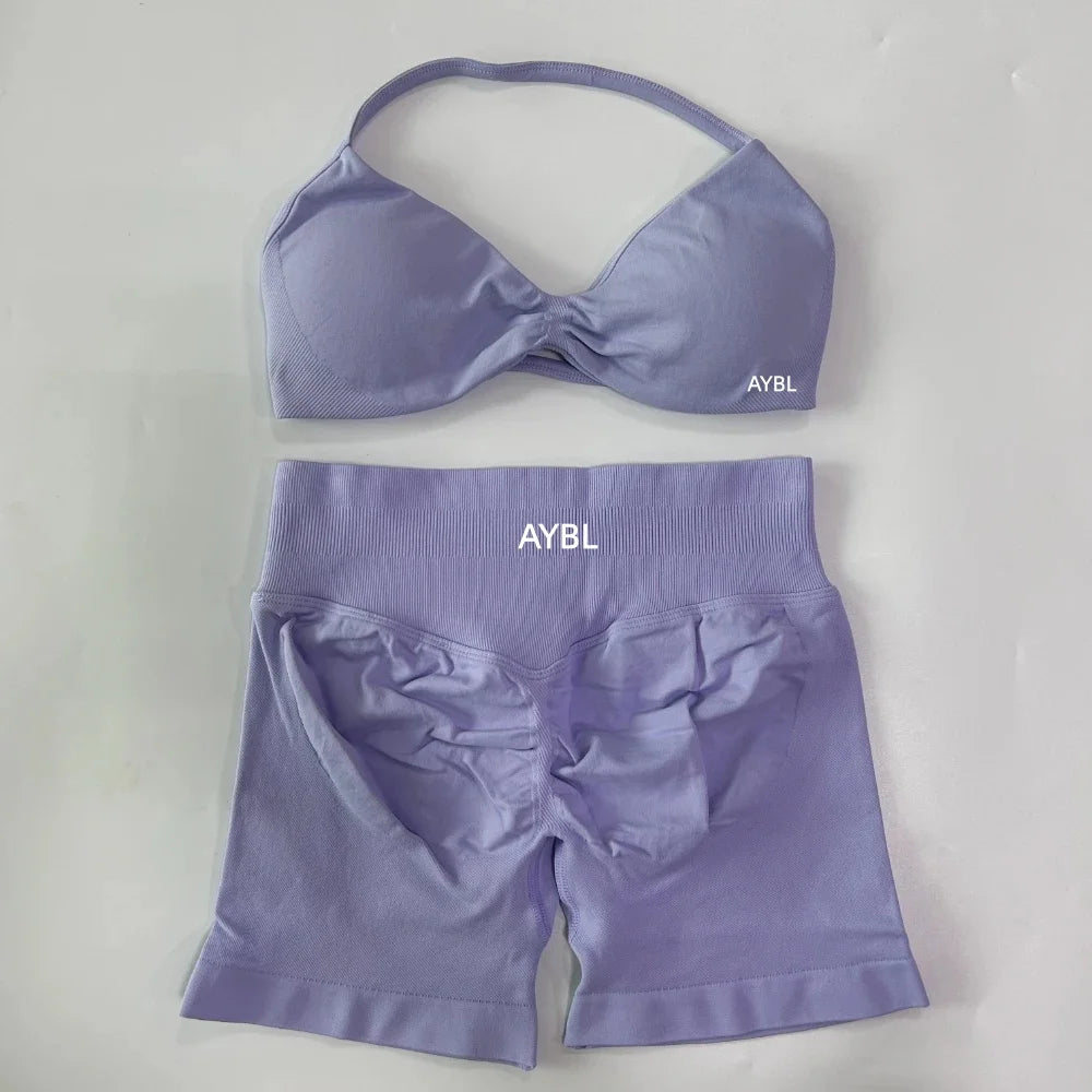 Trendy 2PCS Gym Set Women Strappy Yoga Bra Top High Waist Workout Scrunch Shorts Sports Suit Seamless Yoga Set Fitness Clothes Tahsi Fashion House