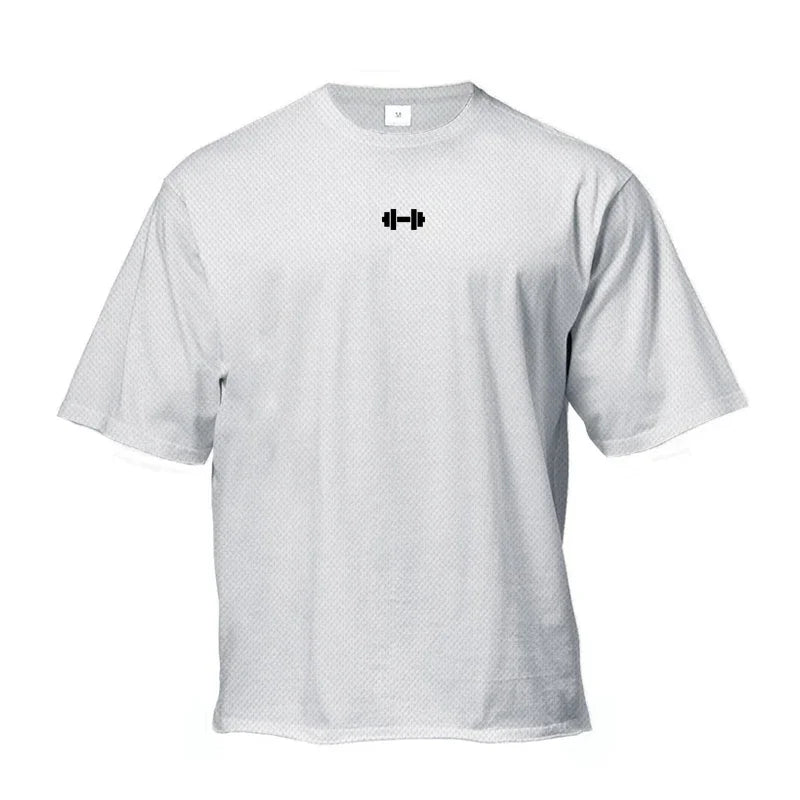 Oversized Loose Gym Clothing Mesh Quick Dry Bodybuilding Fitness Men Short Sleeve Barbell print Sport Streetwear Workout T-Shirt ATFH