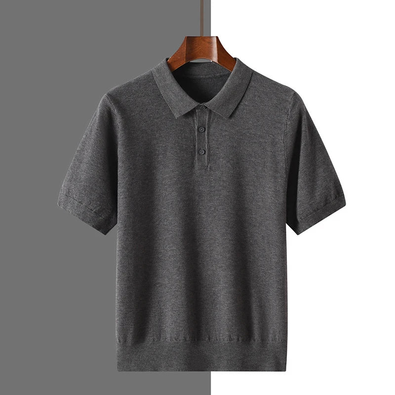 Summer 100% merino wool men's lapel pullover short sleeve POLO neck sweater loose top knitted clothing plus size T-shirt