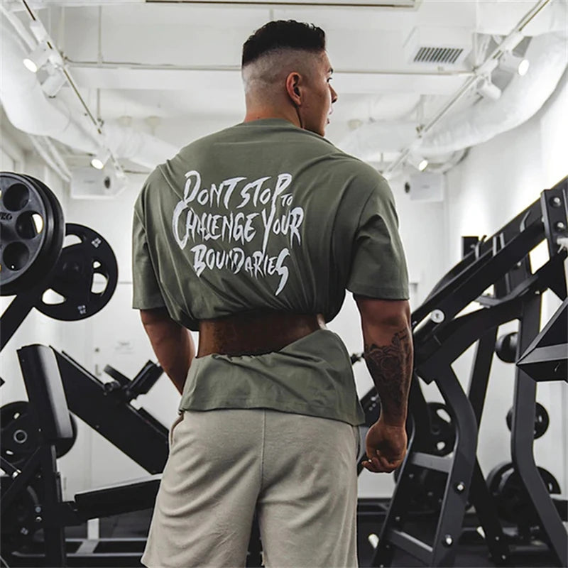 Gym Fitness Shirt Men Running Sport Loose T-shirt Short Sleeve Cotton Tee Tops Summer Male Bodybuilding Training Workout Apparel ATFH