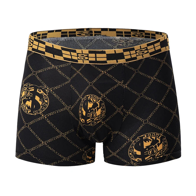 5-piece Set Of Black Gold Printed Men's Underwear Quick Drying Breathable Comfortable Elastic Casual Fashionable And Trendy