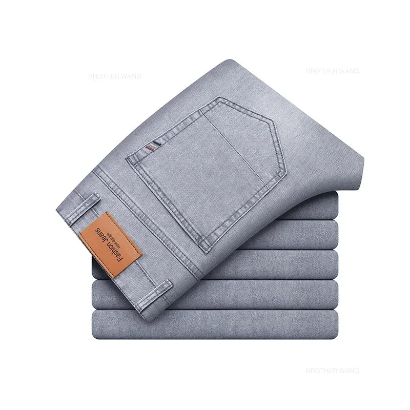 Summer Thin Men's Elastic Cotton Jeans Fashion Gray Comfortable Business Straight Casual Pants Brand Male Clothes Trousers ATFH