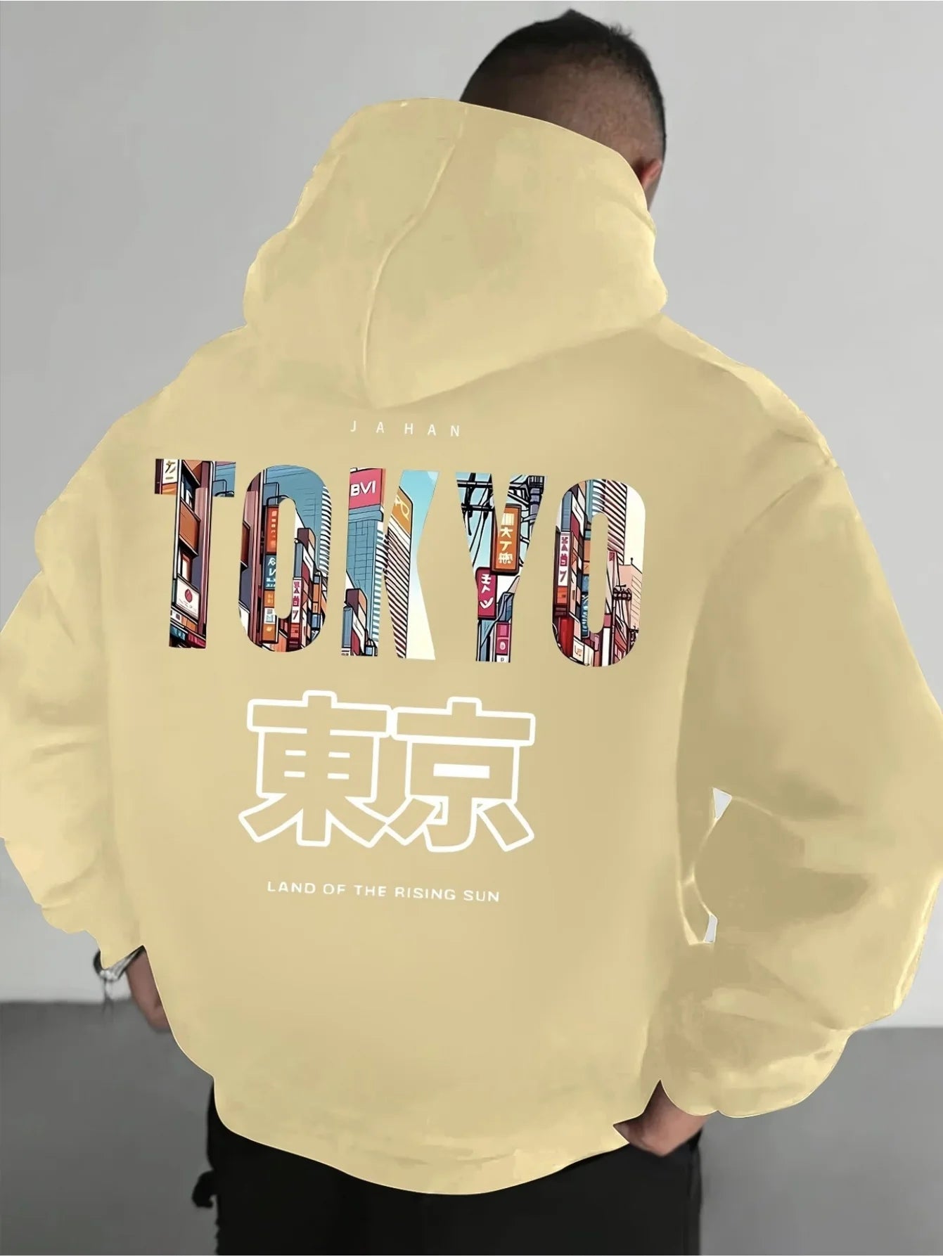 Men's casual printed hoodie regular fit, Japanese Tokyo minimalistic print fashion long-sleeve fleece pullover