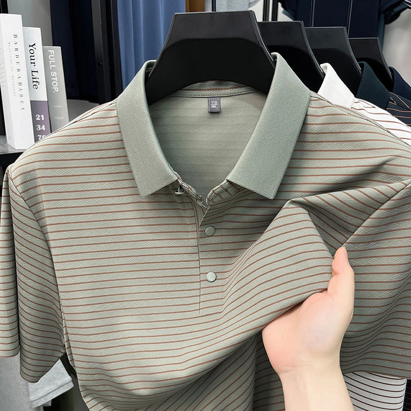 High quality brand ice silk short sleeve polo shirt summer trend striped design men's T-shirt new breathable business casual top
