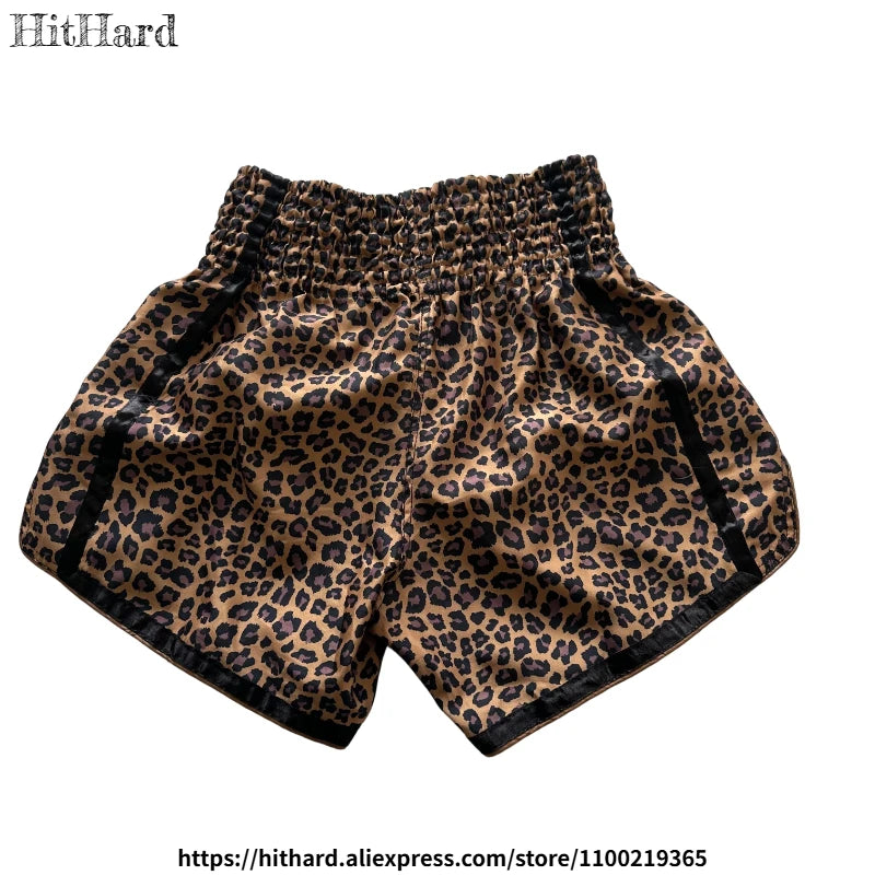 Muay Thai Shorts Men Women Kids Leopard Thai Boxing Shorts Premium Embroidery Satin Gym Kickboxing Fight Training BJJ MMA Pants