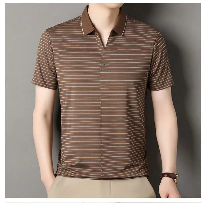 Ice Silk Short-sleeved Striped Men's T-shirt Summer New Lapel POLO Shirt Casual Fashion Top