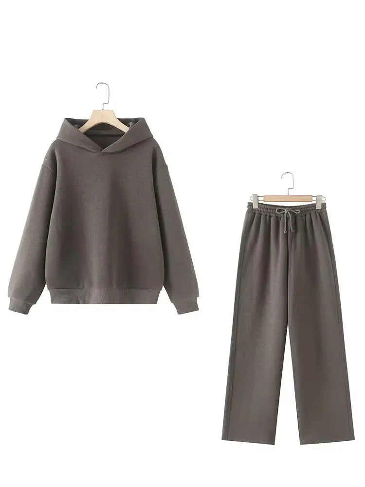 Women Solid Casual Sweatshirt Pant Suit Long Sleeve Hooded Fleece Pullover Coat Loose Straight Trousers Office Lady Sets