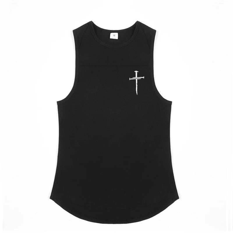 Personalized Cross Print Gym Bodybuilding Sleeveless Stringer Tank Tops Cotton Breathable Cool Mens Fitness Casual Loose Shirts