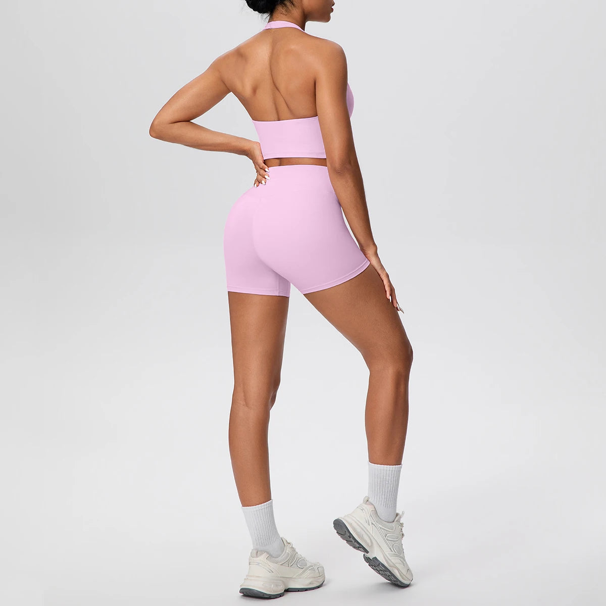 2picese Women Yoga Suit Solid Color High Waist Hip Push Up Fitness Shorts Sexy Pilates Backless Gym Hanging Neck Bra Yoga Set