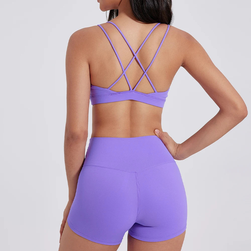 Yoga Shorts Set Gym Sports Set Women Workout Outfit Fitness Suit Cross Straps Bra High Waist Shorts Running Tracksuit - ATFH