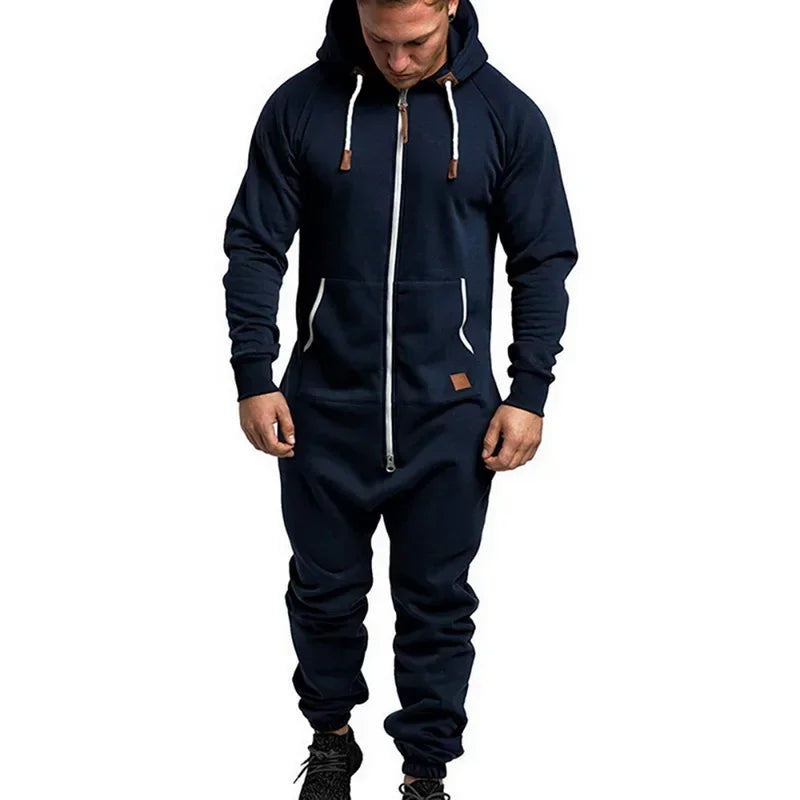 New Custom Design Jumpsuit Pajamas Long-sleeved sports pants solid color splicing casual sweater men's zipper hoodie - ATFH