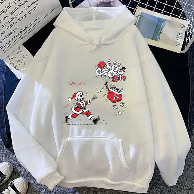 Men Women Funny Skeleton Santa Claus Hoodie Well Shit Graphic Hooded Sweatshirt Streetwear Punk Gothic Christmas Pullover Hoodie