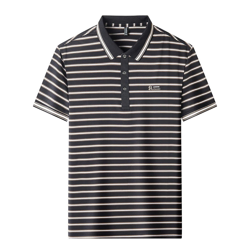 Trend brand letter embossed short sleeve polo shirt men high-quality striped Korean style summer new casual breathable T-shirt